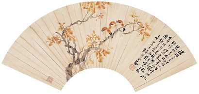 陆抑非 1981年作 花鸟扇面 镜心